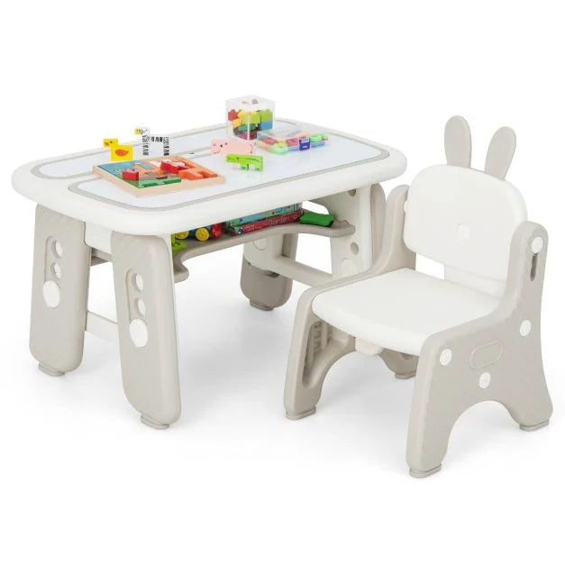 Kids Drawing Table and Chair Set with Flip-Top Table and Bookshelf