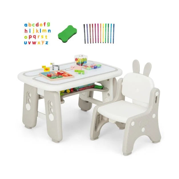 Kids Drawing Table and Chair Set with Flip-Top Table and Bookshelf