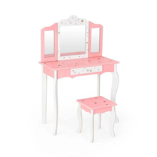 Children’s Beauty Vanity Table and Stool Set with Tri-Fold Mirror