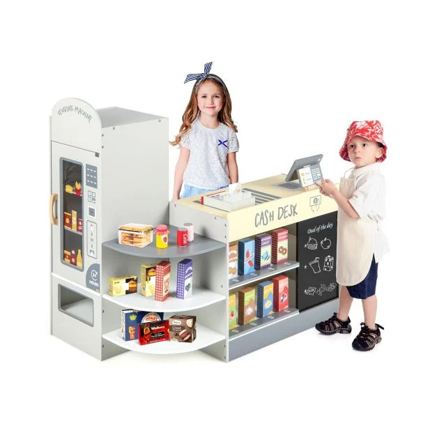 Kids Grocery Store Playset with Cash Register and Chalkboard – Pretend Market Toy