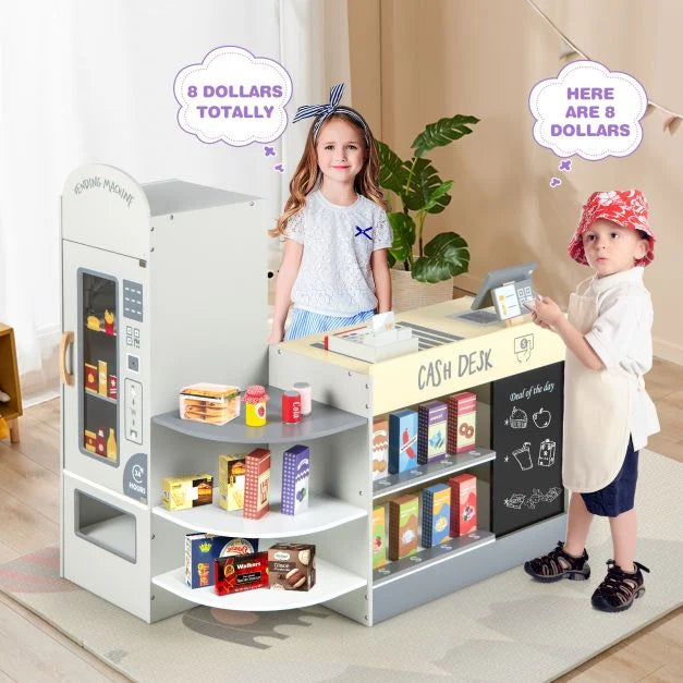 Kids Grocery Store Playset with Cash Register and Chalkboard – Pretend Market Toy
