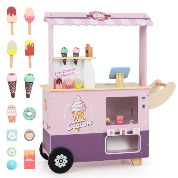 Wooden Kids Ice Cream Cart Truck Playset for Toddlers