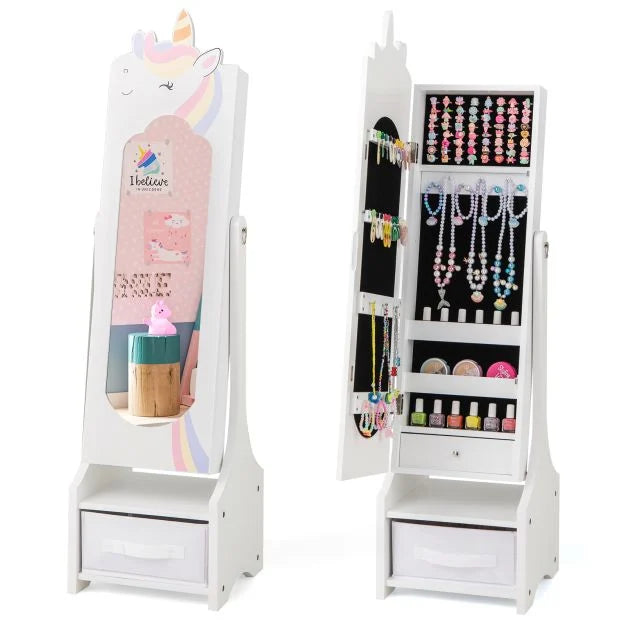 Kids Jewelry Armoire with Tilt-Angle Mirror & Storage Cabinet