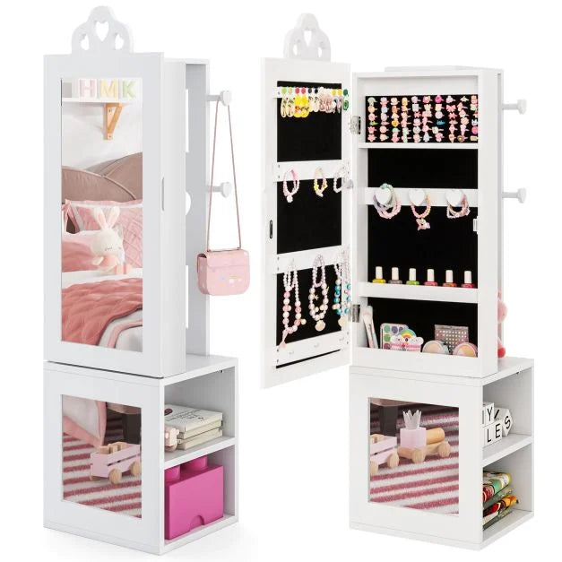 Full-Length Mirror Kids Jewelry Armoire with Coat Rack & Shelves