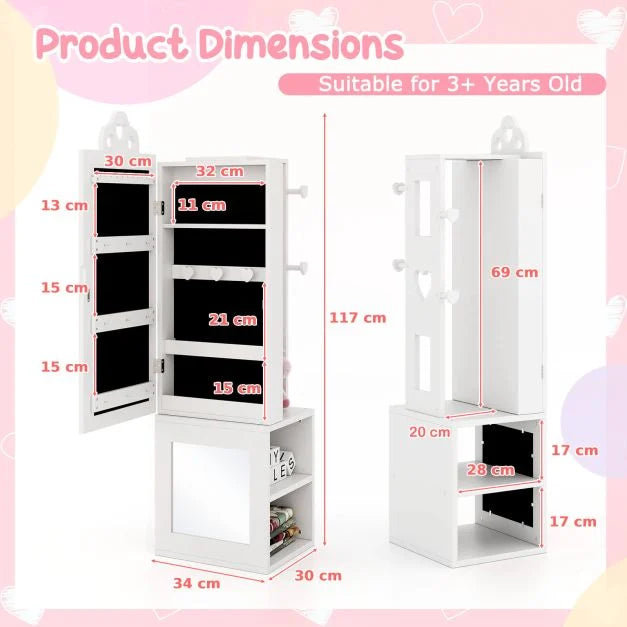 Full-Length Mirror Kids Jewelry Armoire with Coat Rack & Shelves