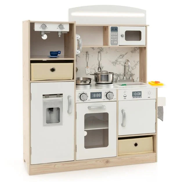 Role Play Kids Kitchen Set with Adjustable LED Lights & Removable Shelves