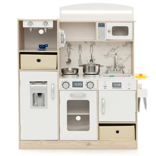 Role Play Kids Kitchen Set with Adjustable LED Lights & Removable Shelves