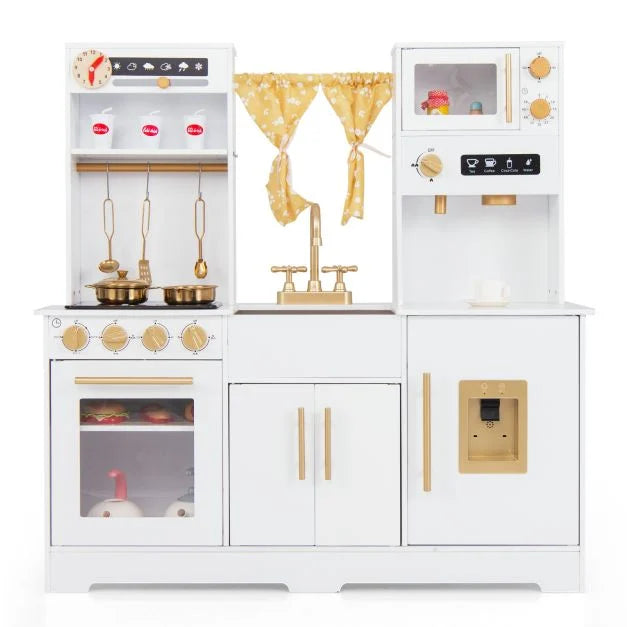 Kids Pretend Play Kitchen with Coffee Maker, Stove Top, and Golden Utensils