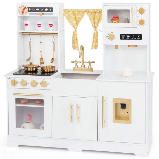 Kids Pretend Play Kitchen with Coffee Maker, Stove Top, and Golden Utensils