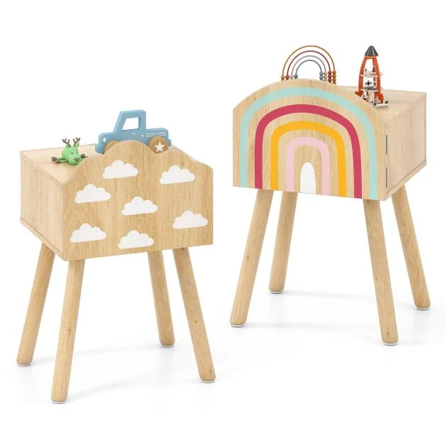 Set of 2 Kids Nightstands with Rainbow and Cloud Designs
