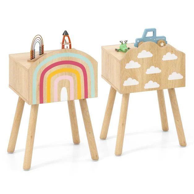 Set of 2 Kids Nightstands with Rainbow and Cloud Designs