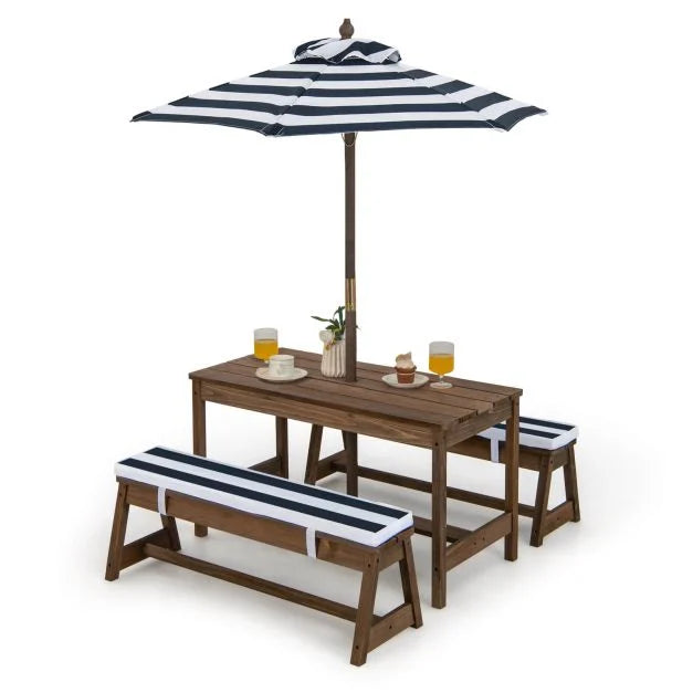 Children's Picnic Table with Cushioned Seats and Umbrella
