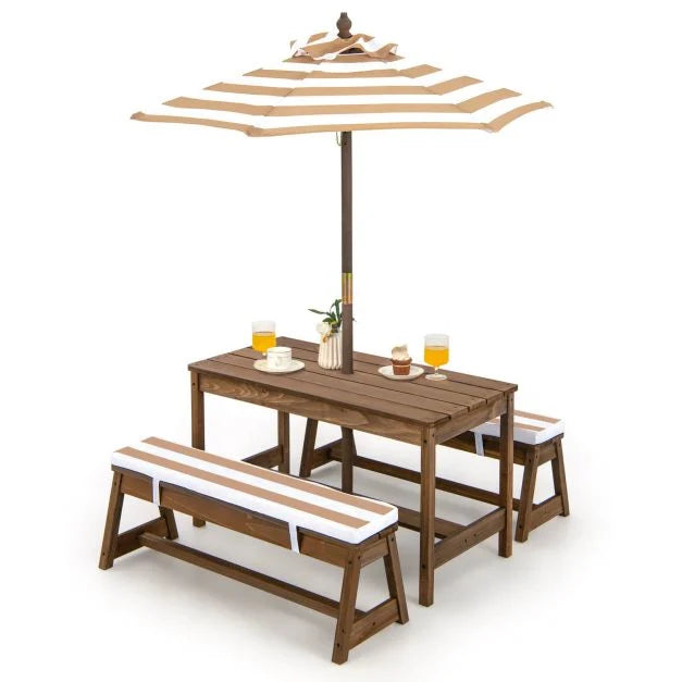 Children's Picnic Table with Cushioned Seats and Umbrella