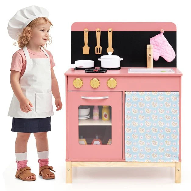 Kids Kitchen Playset with Stoves, Door Curtain and Role-Play Apron