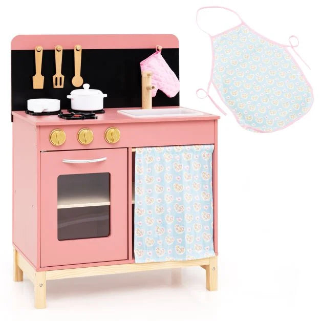 Kids Kitchen Playset with Stoves, Door Curtain and Role-Play Apron