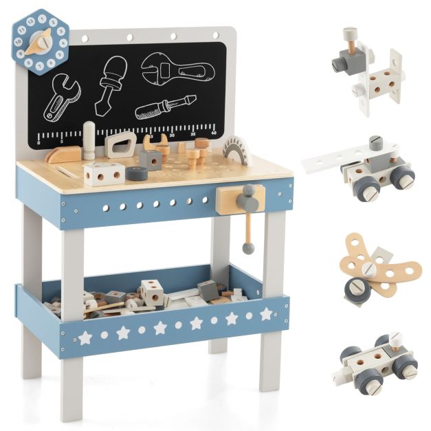Wooden Play Workbench for Kids with Blackboard and Complete Tool Set