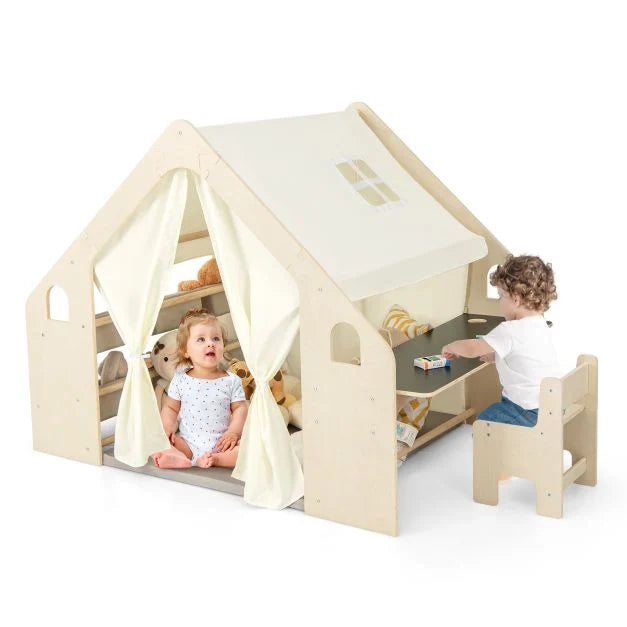 Kids Indoor 6-in-1 Playhouse with Blackboard, Six Storage Bins, and Cushion Mat