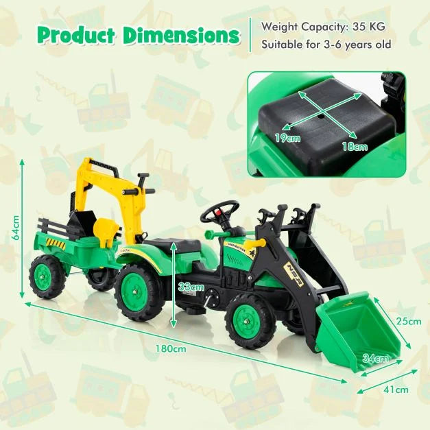 Kids 3-in-1 Pedal Excavator Ride-On Toy with Trailer