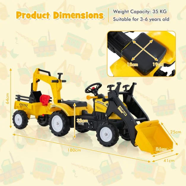 Kids 3-in-1 Pedal Excavator Ride-On Toy with Trailer
