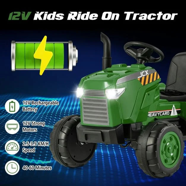 4. Kids 12V Tractor Ride-On Toy with Trailer, Lights, Horn & RC