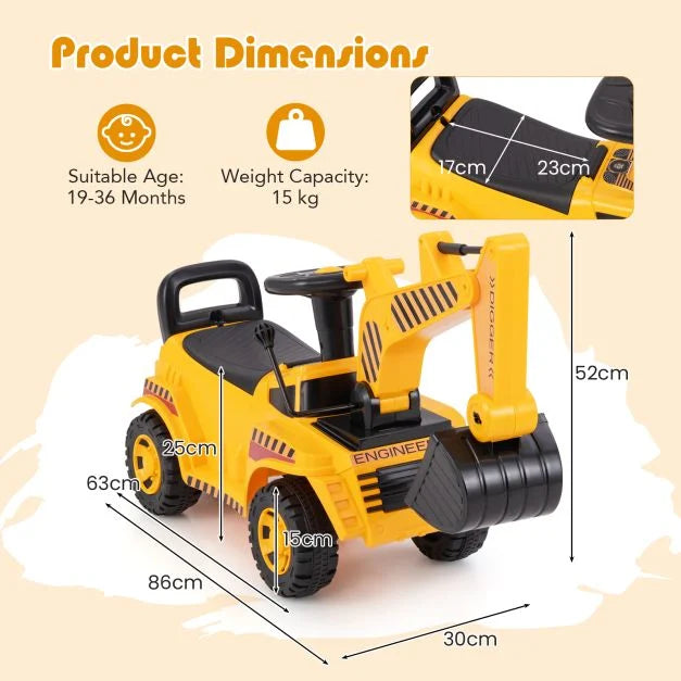 Kids Excavator Digger Ride-On with Working Shovel