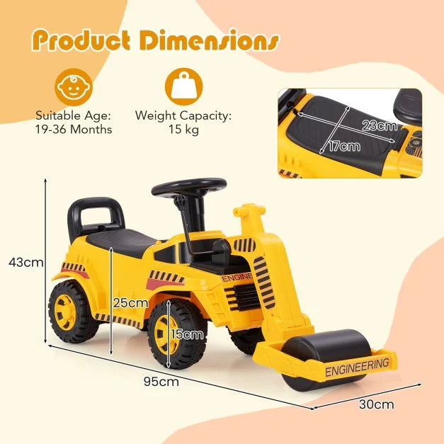 Kids Construction Ride-On Road Roller with Anti-Tip Design