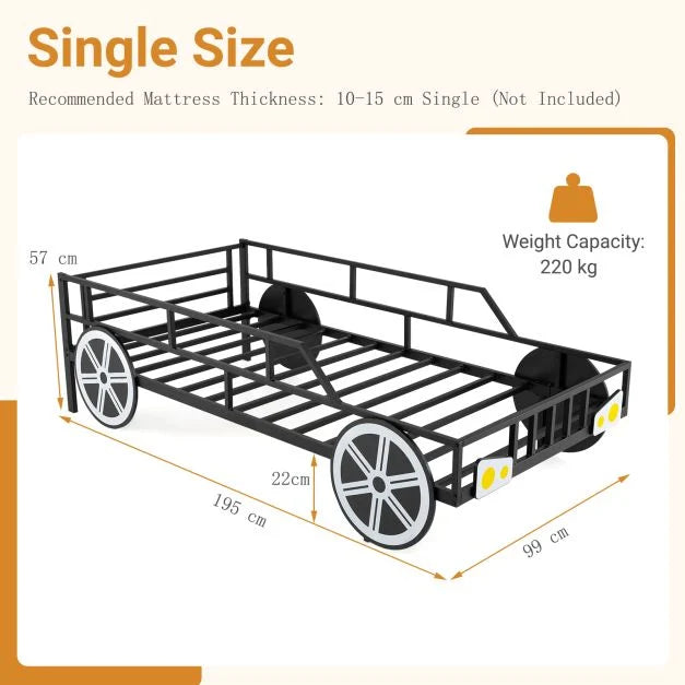 Kids Car Platform Bed – Single Size, Metal Frame with Rolling Wheels