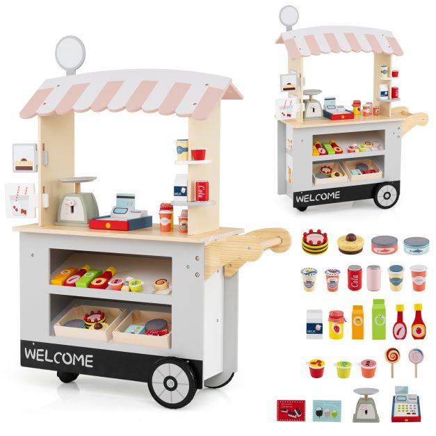 Toddler Snack & Sweet Toy Cart with Interactive POS for Imaginative Play