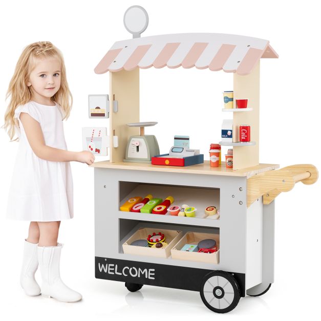 Toddler Snack & Sweet Toy Cart with Interactive POS for Imaginative Play