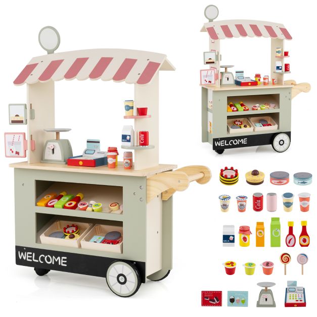 Toddler Snack & Sweet Toy Cart with Interactive POS for Imaginative Play