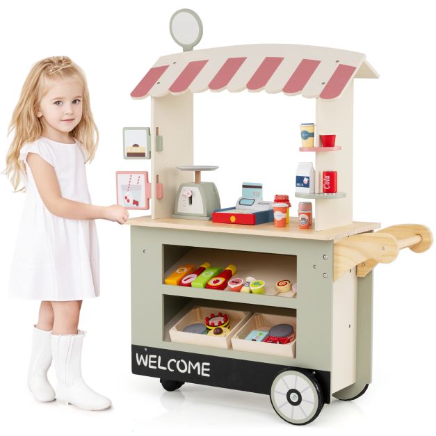 Toddler Snack & Sweet Toy Cart with Interactive POS for Imaginative Play