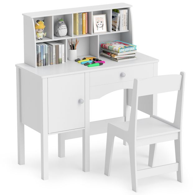 Kids Study Desk Set with Chair, Hutch & Storage Cabinet