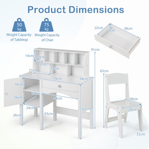 Kids Study Desk Set with Chair, Hutch & Storage Cabinet