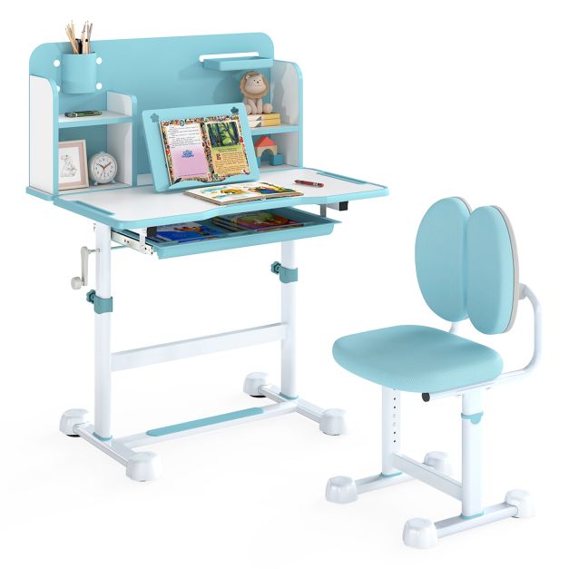 Kids’ Study Desk and Chair Set with Tilting Desktop and Footrest Bar