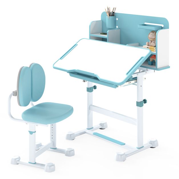 Kids’ Study Desk and Chair Set with Tilting Desktop and Footrest Bar