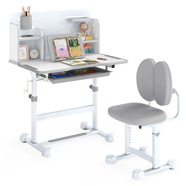 Kids’ Study Desk and Chair Set with Tilting Desktop and Footrest Bar