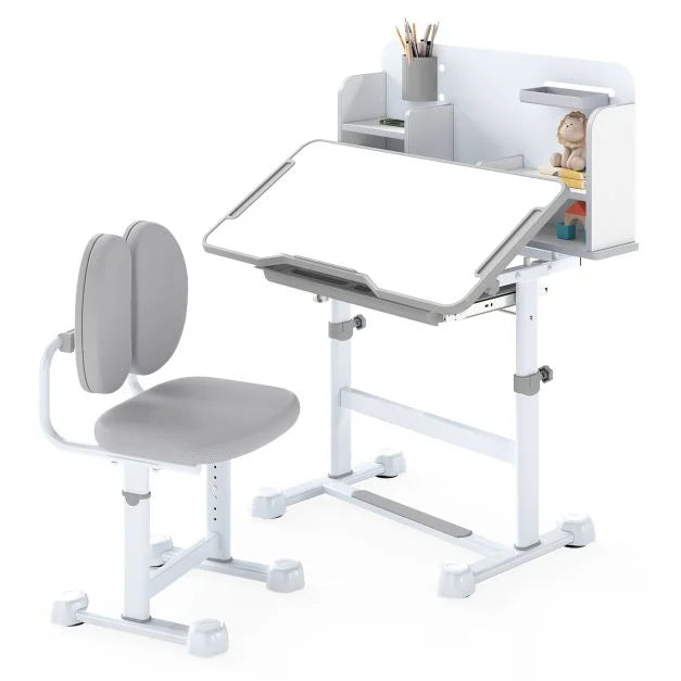 Kids’ Study Desk and Chair Set with Tilting Desktop and Footrest Bar