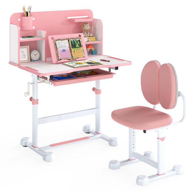 Kids’ Study Desk and Chair Set with Tilting Desktop and Footrest Bar