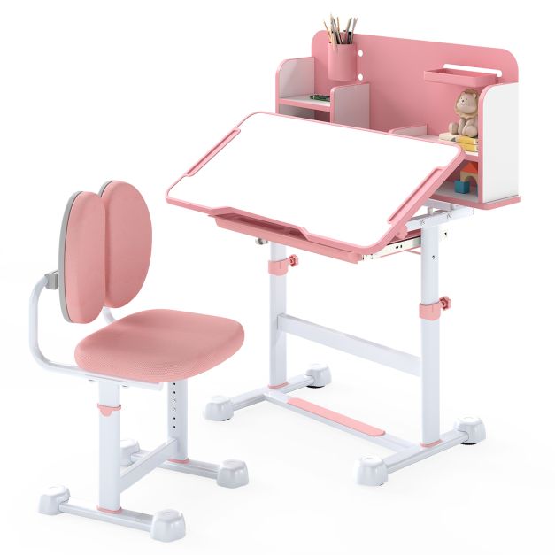 Kids’ Study Desk and Chair Set with Tilting Desktop and Footrest Bar