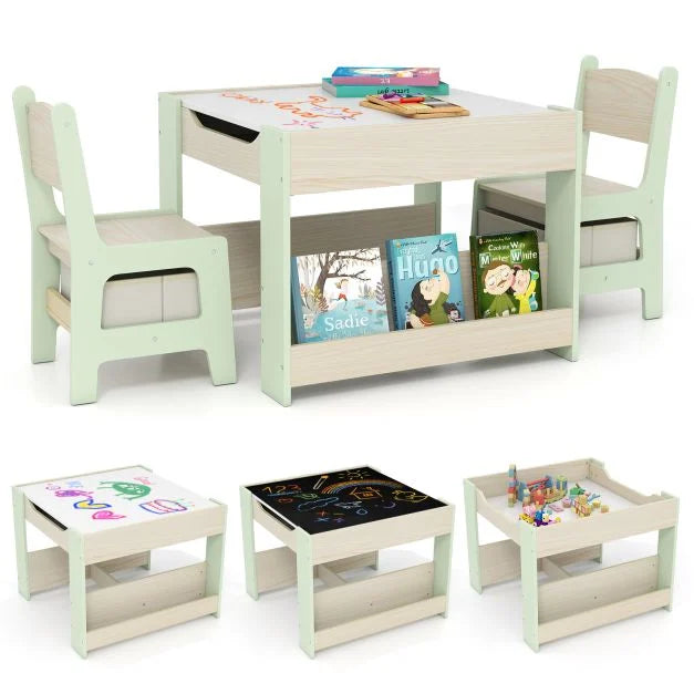 Kids 4-in-1 Table and Chair Set with Reversible Tabletop and Bookshelves