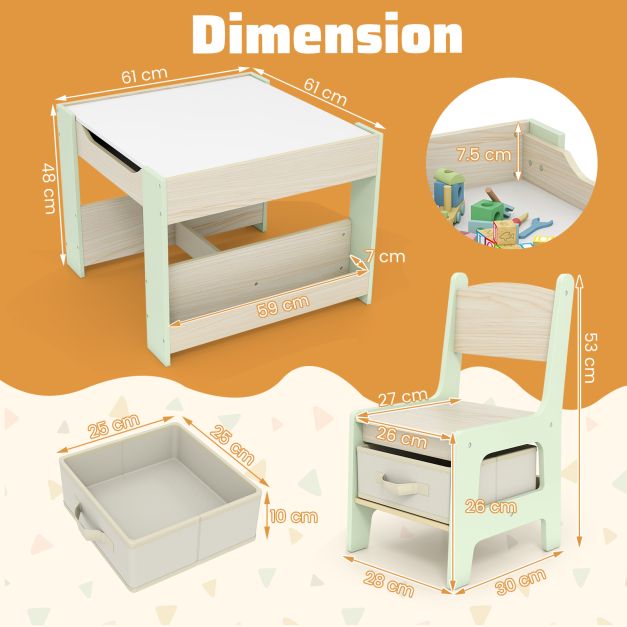 Kids 4-in-1 Table and Chair Set with Reversible Tabletop and Bookshelves