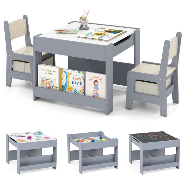 Kids 4-in-1 Table and Chair Set with Reversible Tabletop and Bookshelves
