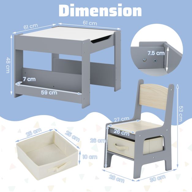Kids 4-in-1 Table and Chair Set with Reversible Tabletop and Bookshelves