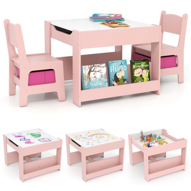Kids 4-in-1 Table and Chair Set with Reversible Tabletop and Bookshelves