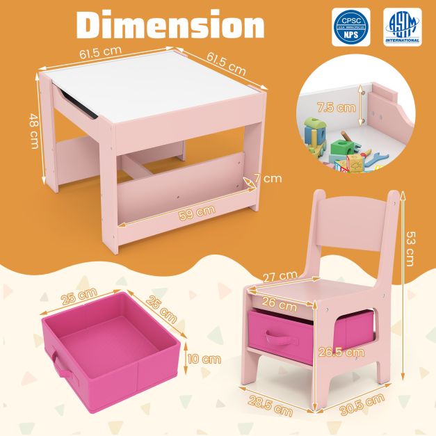 Kids 4-in-1 Table and Chair Set with Reversible Tabletop and Bookshelves