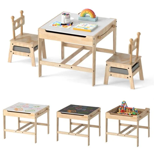 Robot-Shaped 4-in-1 Kids Table and Chairs Wooden Activity Desk Set