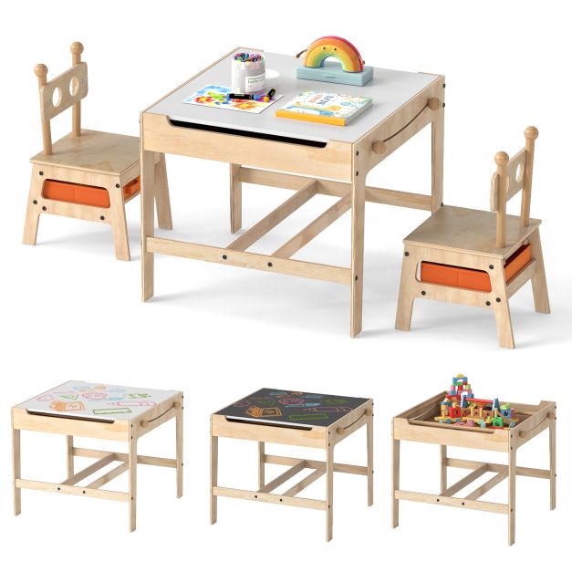 Robot-Shaped 4-in-1 Kids Table and Chairs Wooden Activity Desk Set