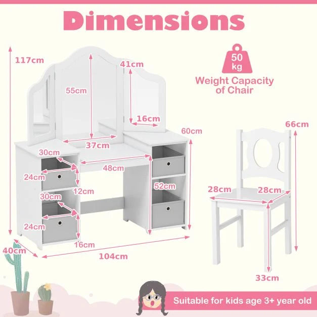 Kids’ Vanity Desk and Chair 2-in-1 Makeup Pretend Play Table