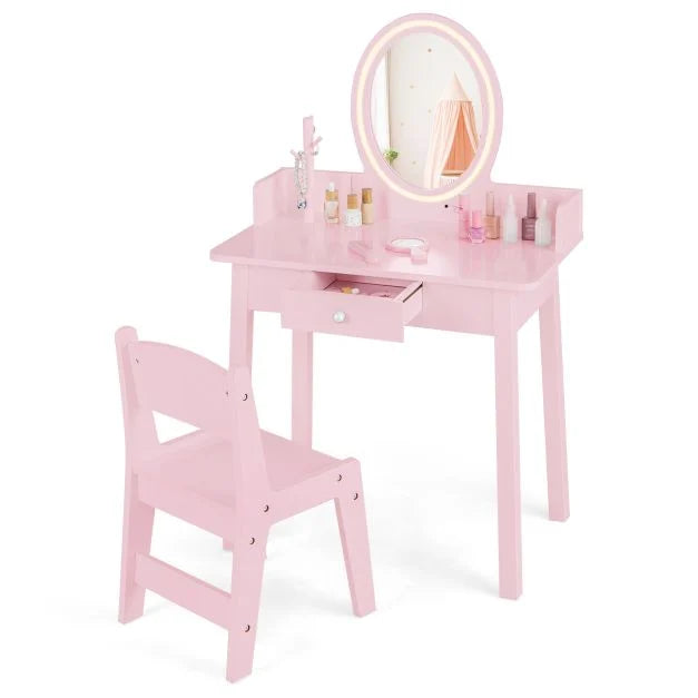 Children’s Vanity Table and Chair Set with Lighted Mirror for Play