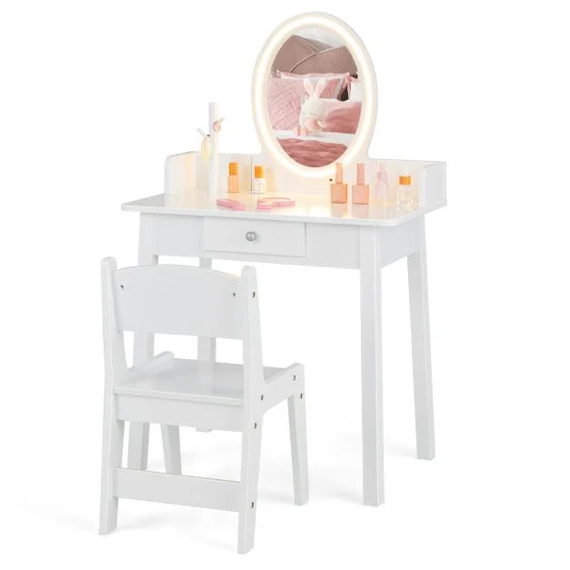 Children’s Vanity Table and Chair Set with Lighted Mirror for Play